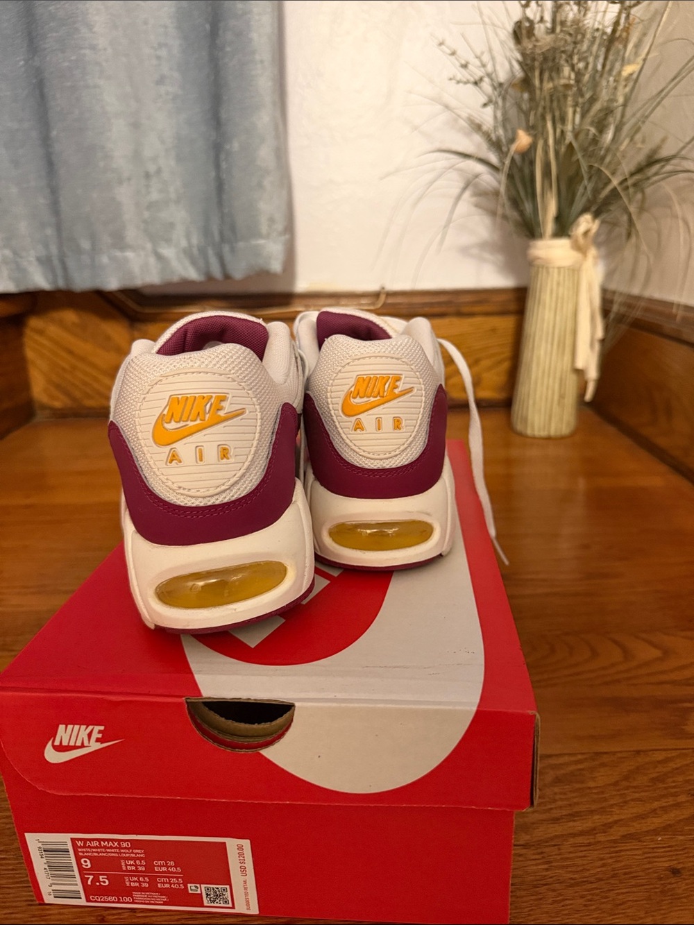 Nike Air Max 90 Sneakers in Cream, Burgundy & Yellow - Picture 2 of 3